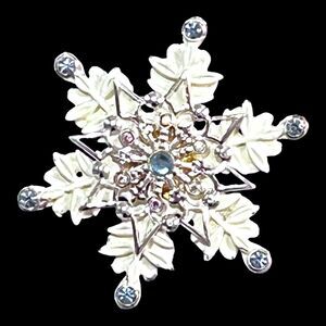 Vintage 80s Kenneth Cole KC White Enamel Blue & AB Rhinestones Snowflake Brooch